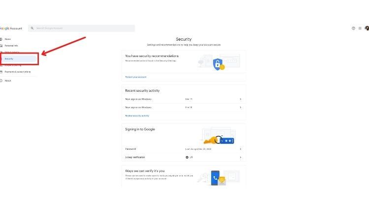 Tab on Google Account with Arrow pointing towards security