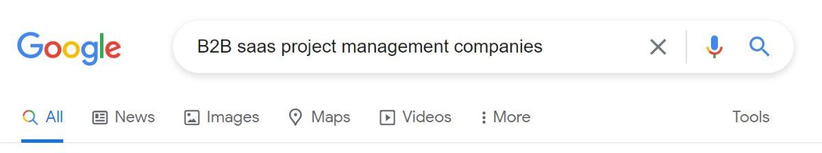 Google search bar with keywords B2B saas project management companies