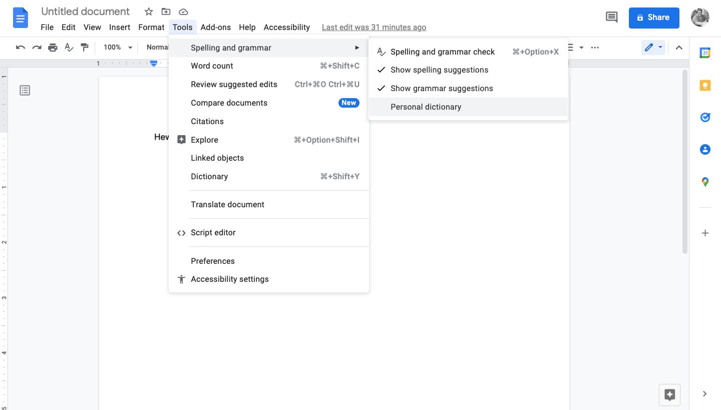 Image shows the tools menu in Google Docs