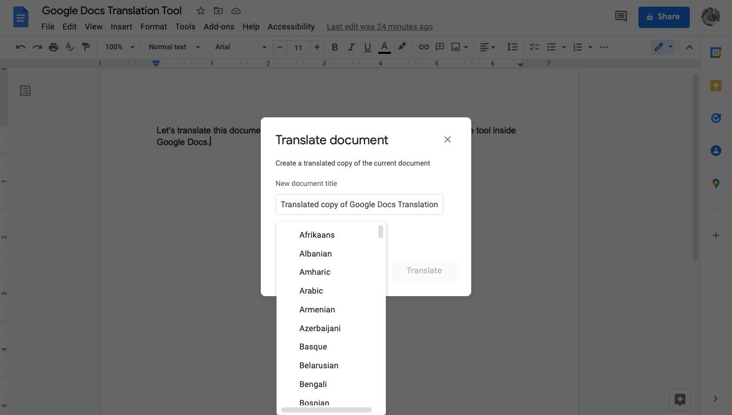 Image shows the translate tool inside Google Docs