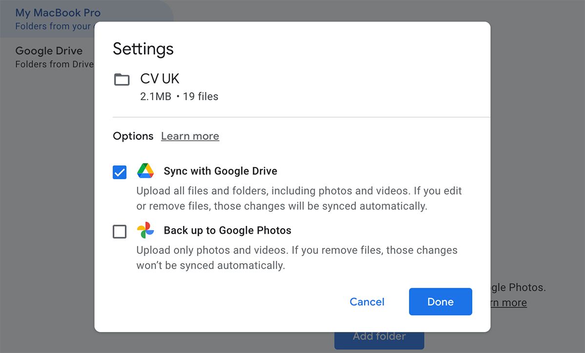 Add Backup Folder to Google Drive