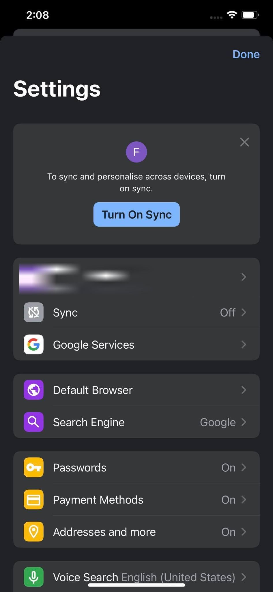 گزینه خدمات گوگل در تنظیمات کروم برای iOS