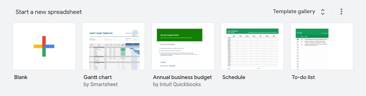 A screenshot showing the Google Sheets homepage templates