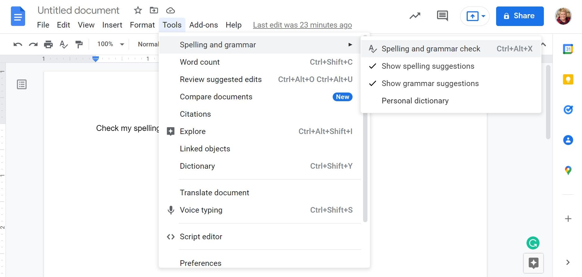 Image shows the spell check inside Google Docs