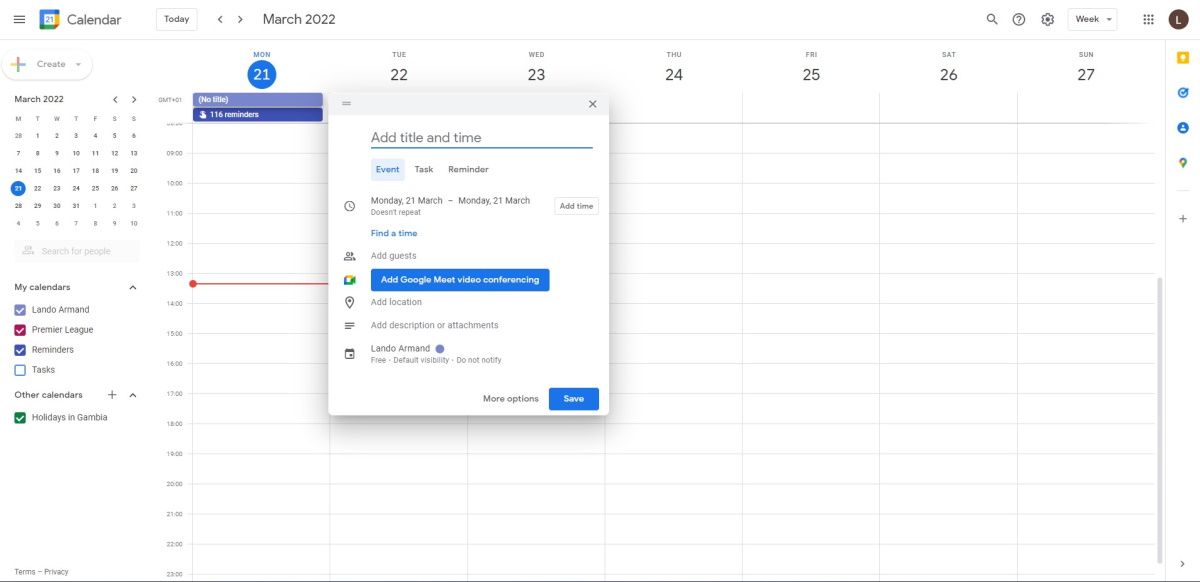 Screenshot of Google Calendar showing how to add an event