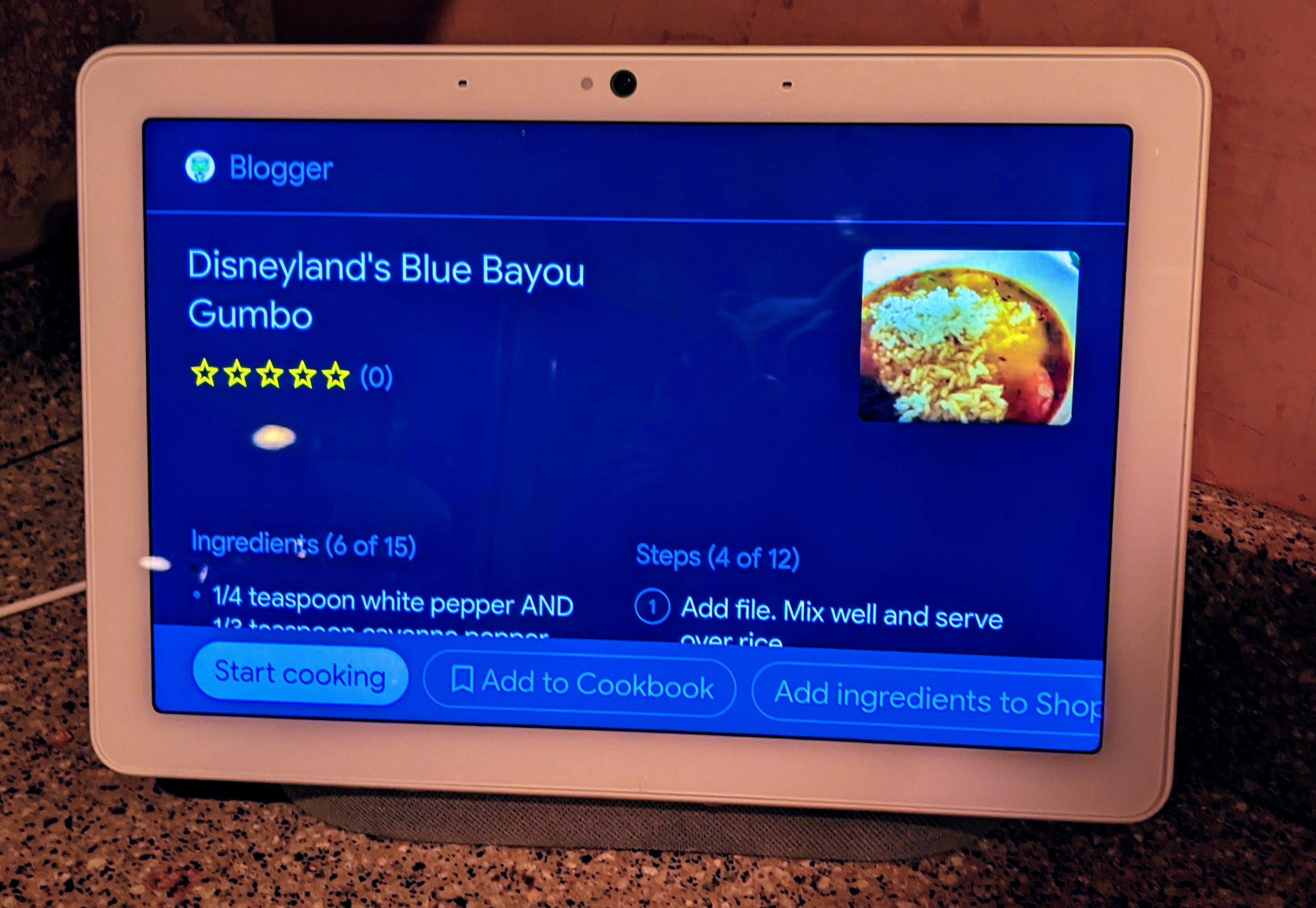 Google Nest Hub with gumbo recipe