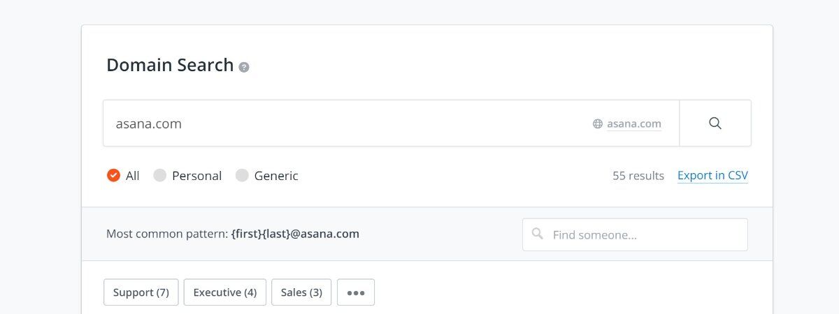 Hunter search tool looking up Asana email addresses