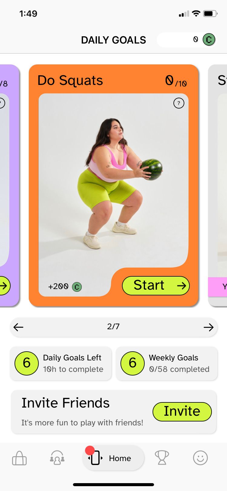 PlayFitt app daily goals squat screen