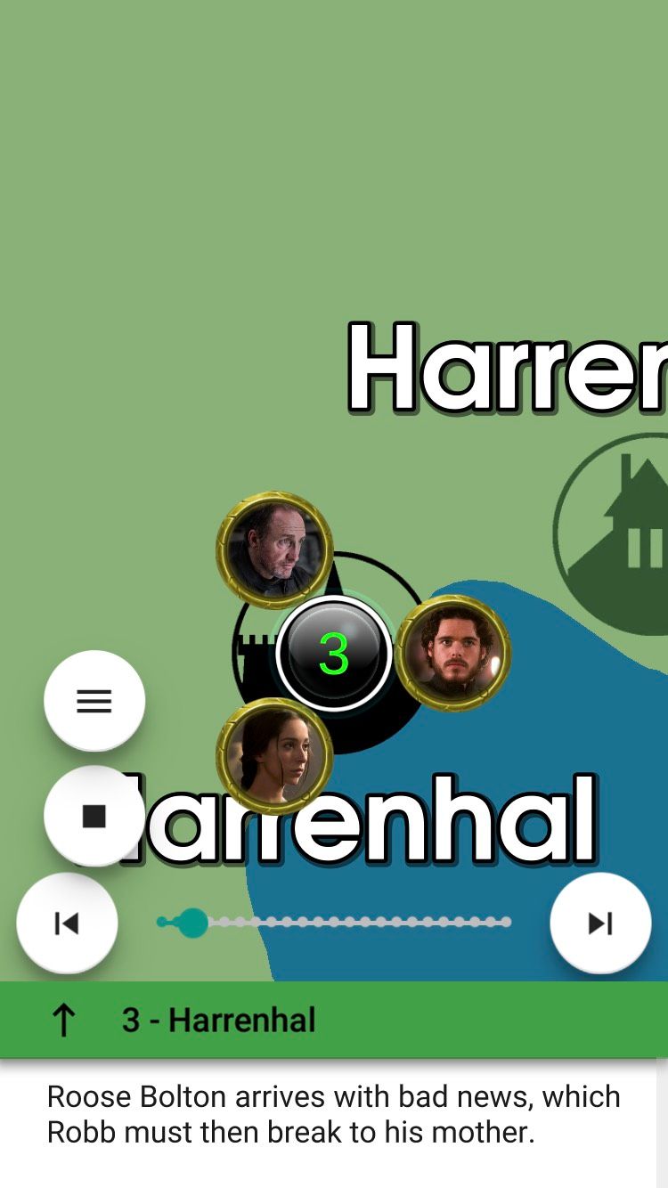 The location of Harrenhall with description of events that happened there on the GoT Map Recap iOS app.