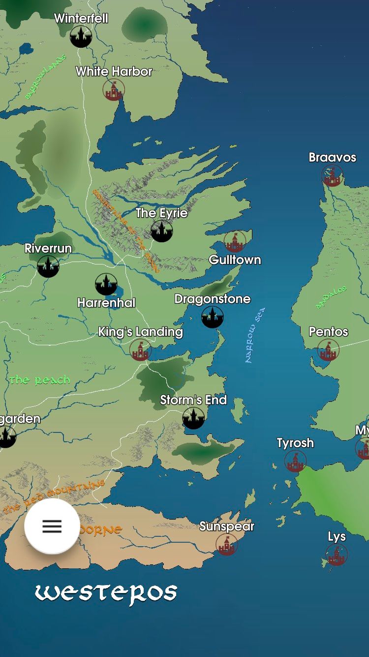 The home screen on the iOS GoT Map Recap app, displaying a map of Westeros.