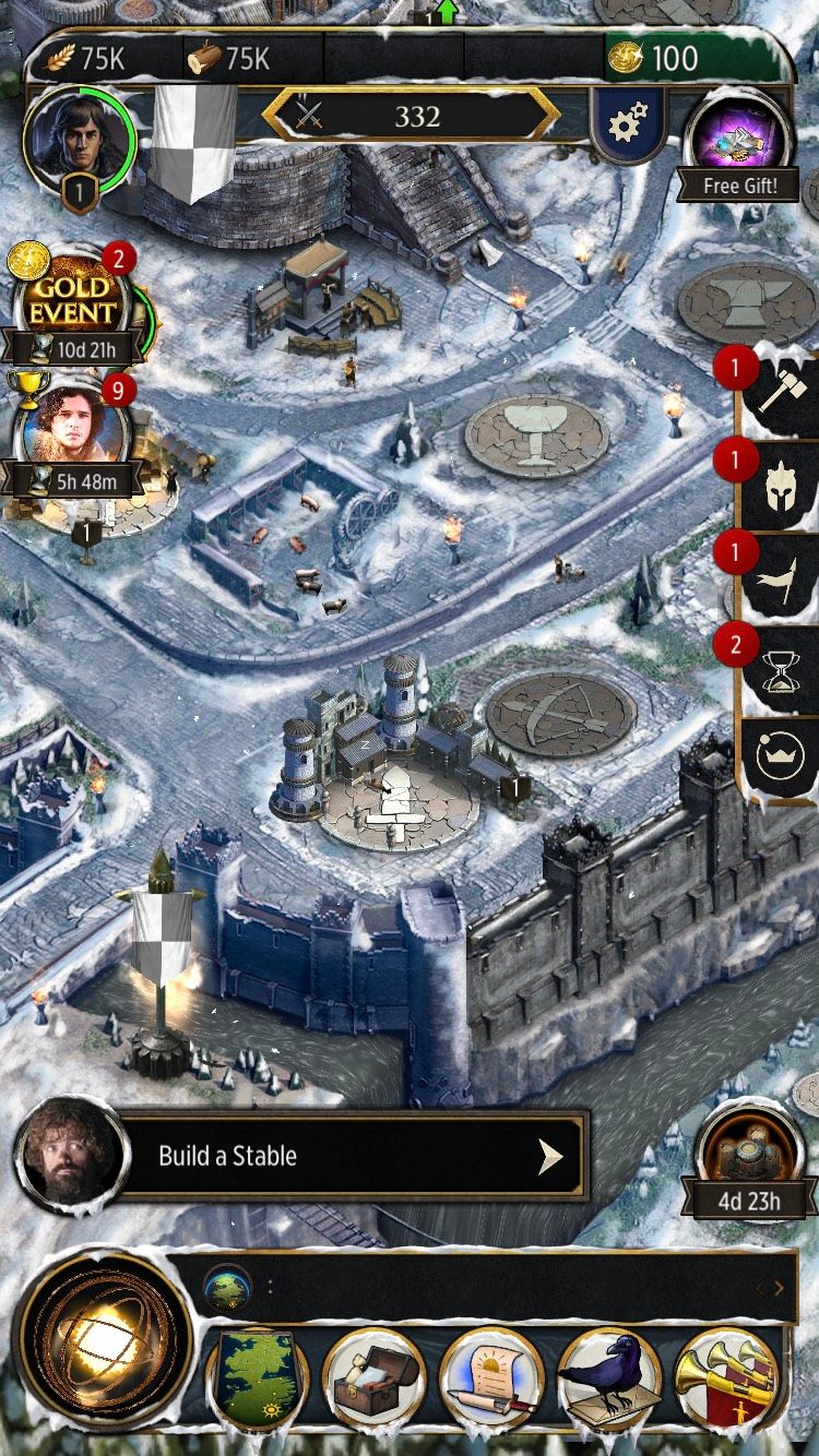 The home screen on the Game of Thrones: Conquest iOS game.