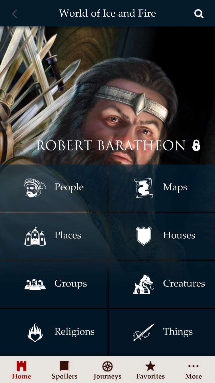 The app filters with Robert Baratheon as the background on the A World of Ice and Fire iOS app.