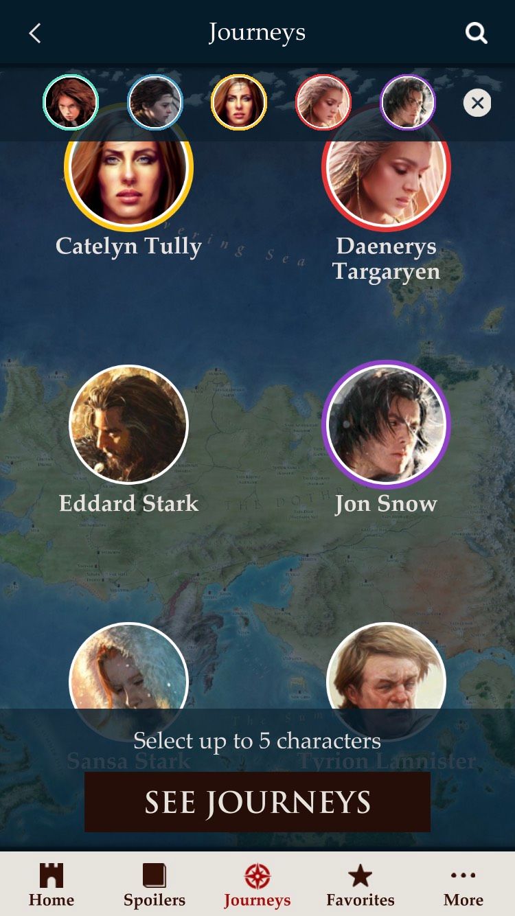 The Journeys tab on the iOS A World of Ice and Fire app.