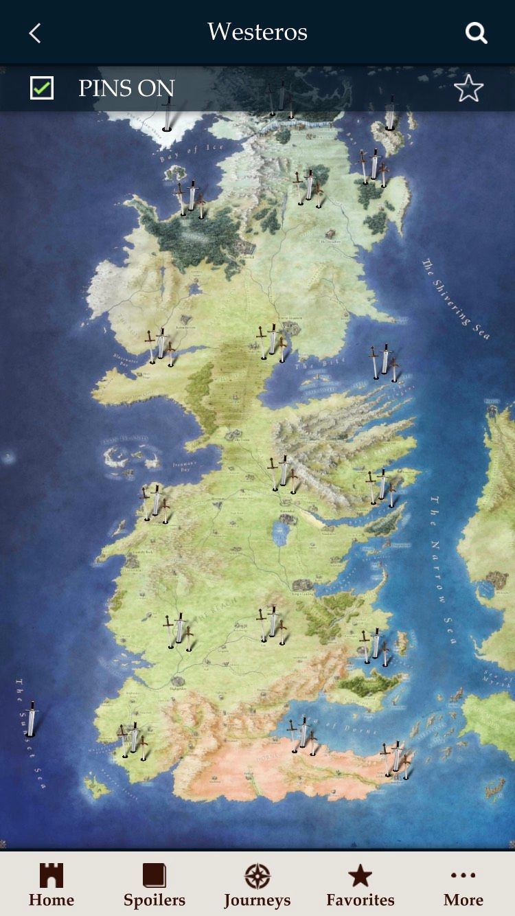 The Map tab on the A World of Ice and Fire iOS app.