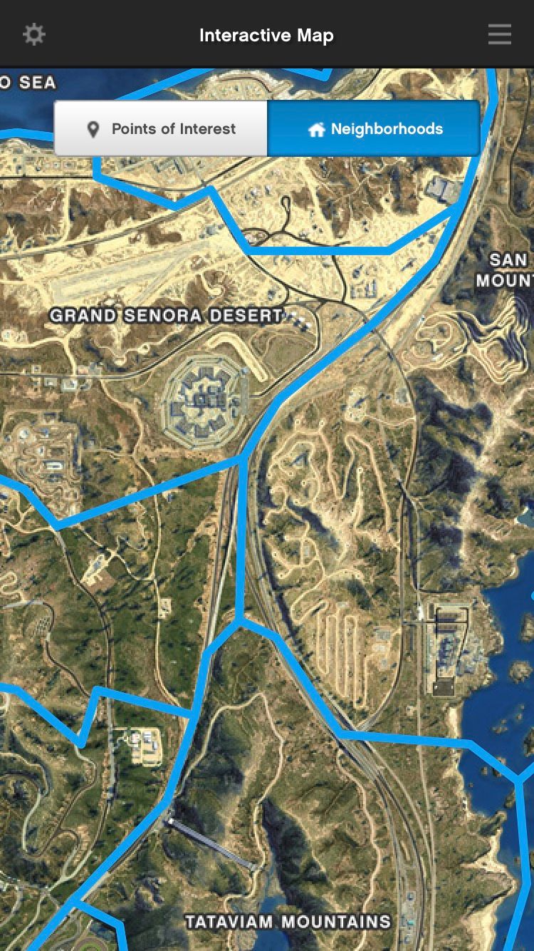The GTA V map broken up into neighborhoods on the Grand Theft Auto V: The Manual iOS app.