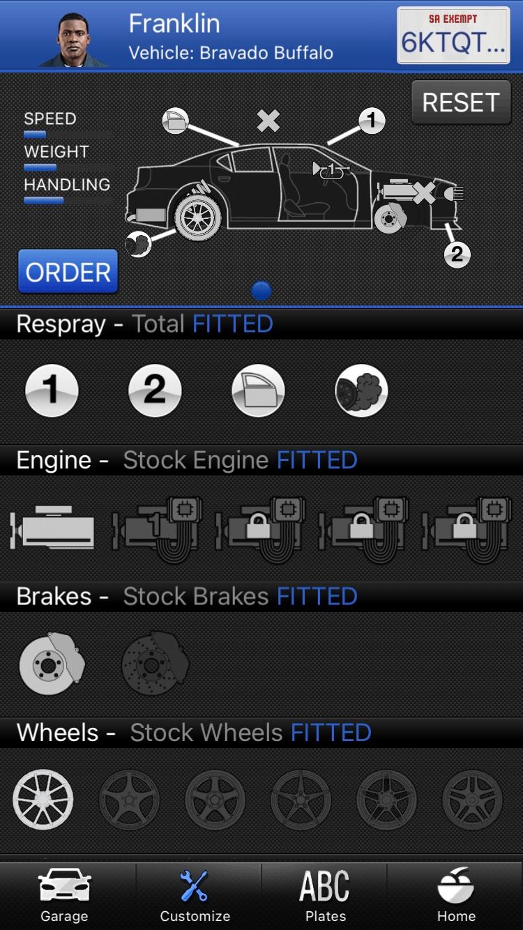 The vehicle customization tab on the Grand Theft Auto: iFruit iOS app.