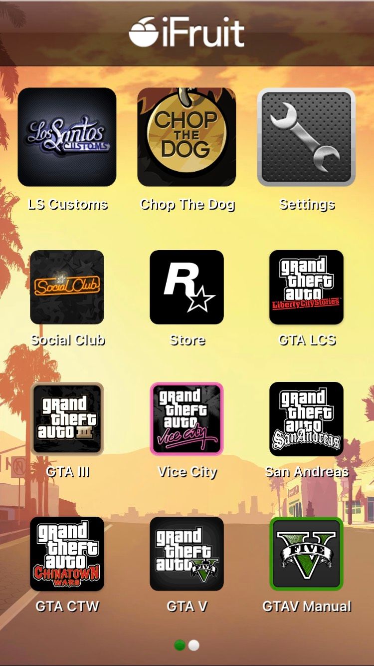 The home screen on the Grand Theft Auto: iFruit iOS app.