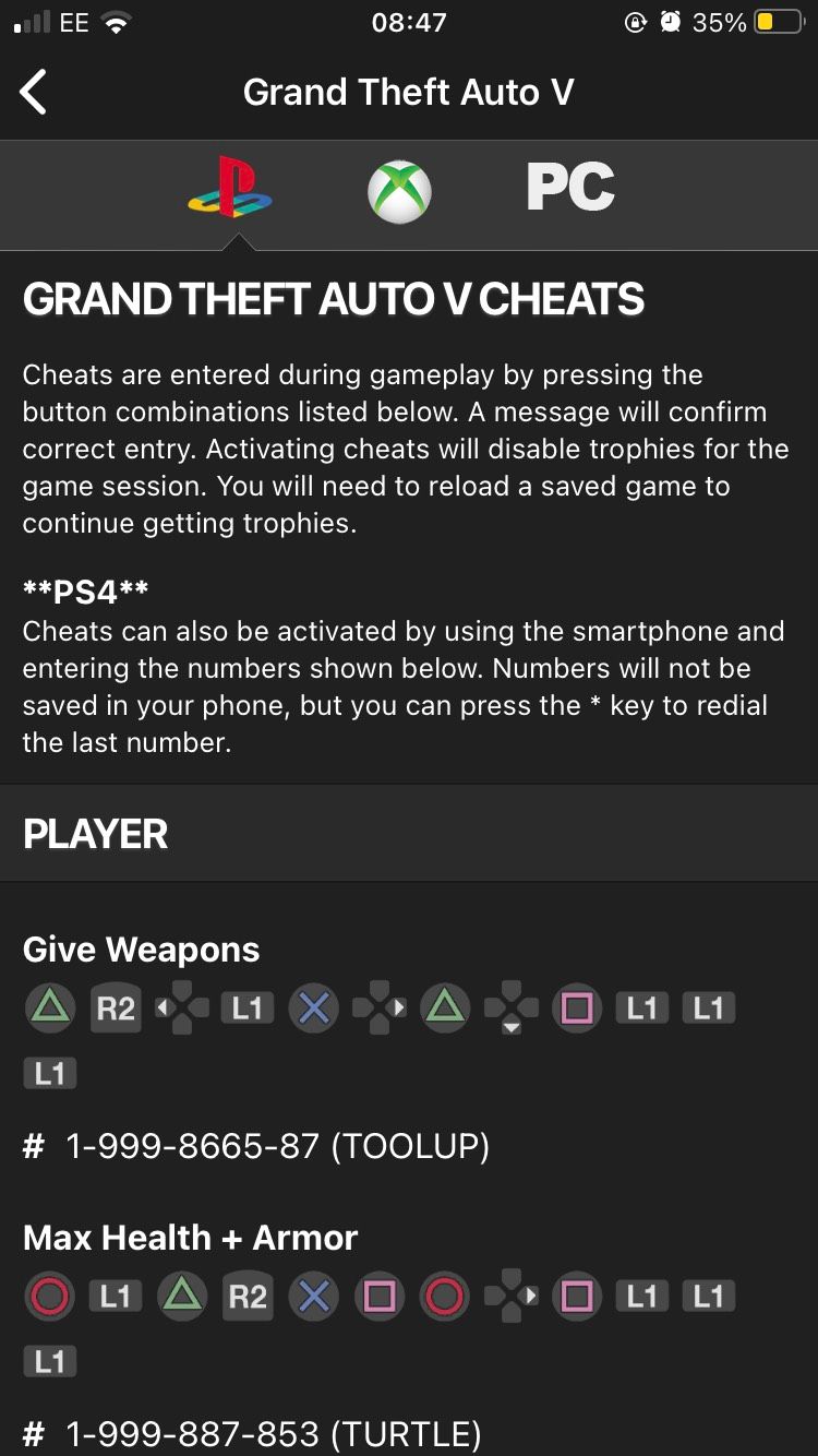 List of GTA V cheats on the Cheats for GTA iOS app.