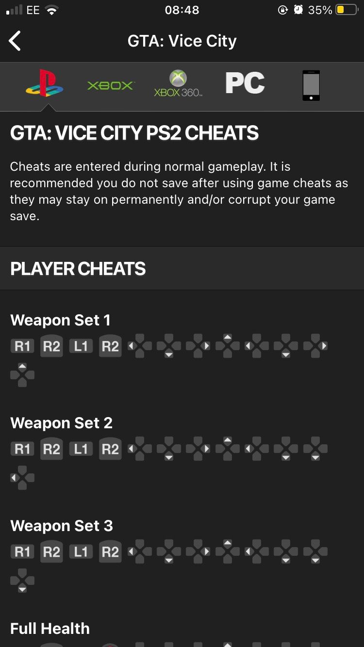 List of GTA Vice City cheats on the Cheats for GTA iOS app.
