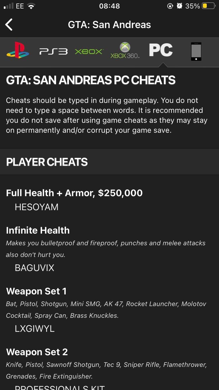 List of GTA San Andreas PC cheats on the Cheats for GTA iOS app.