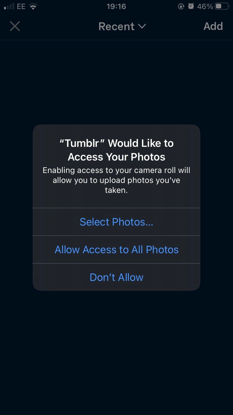 درخواست مجوز عکس Tumblr در iOS.