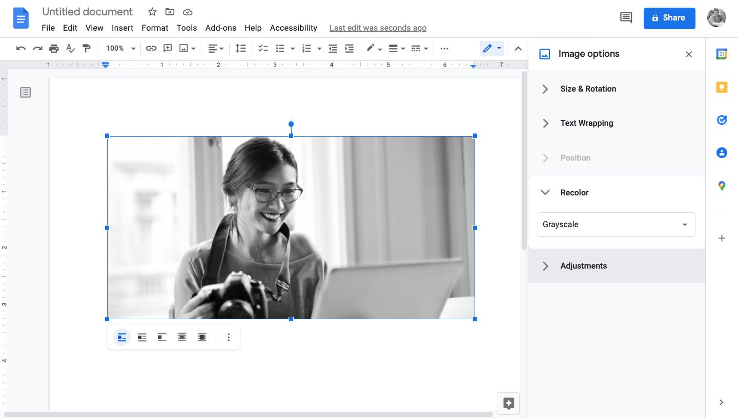 Image shows a photo being edited in Google Docs