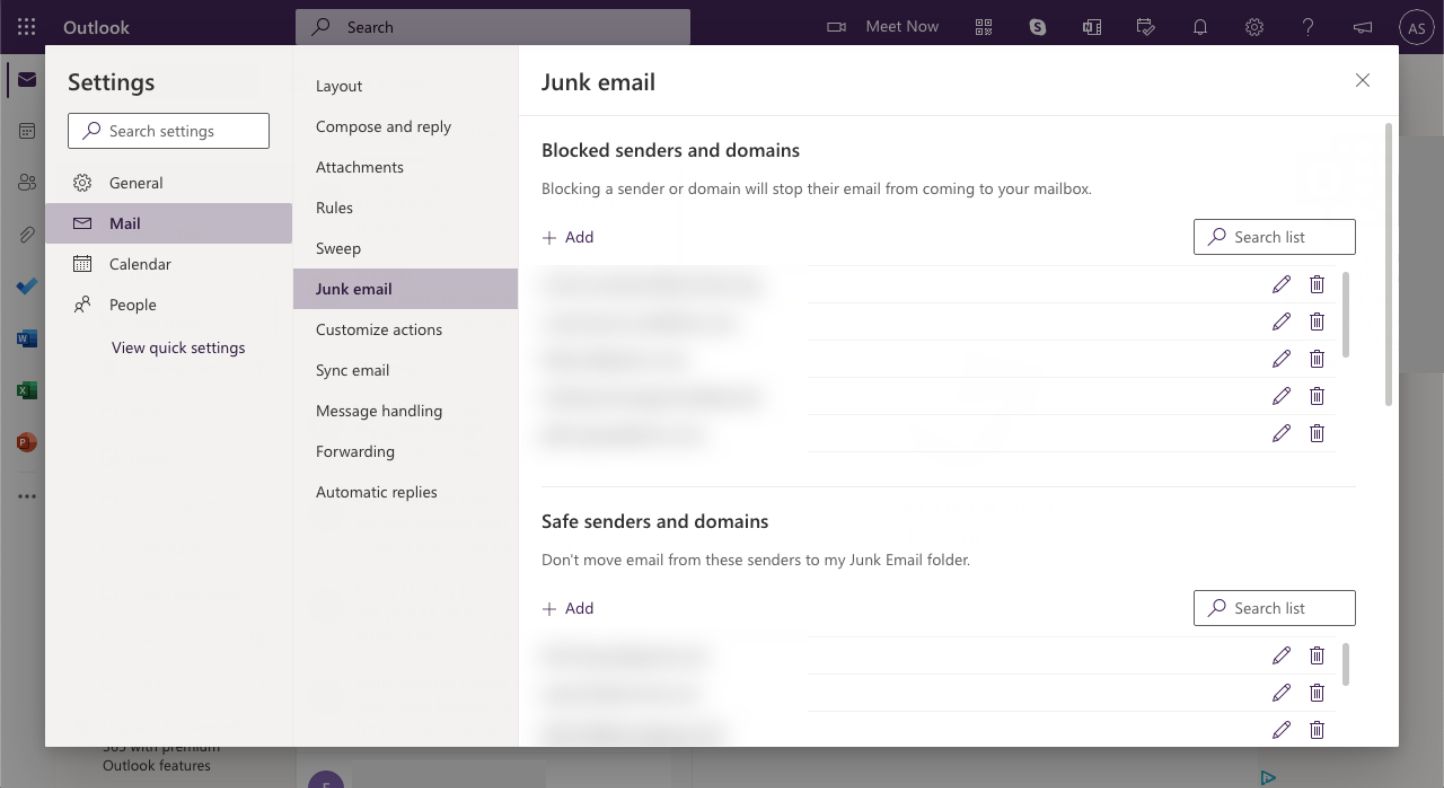 Email inbox settings menu layout