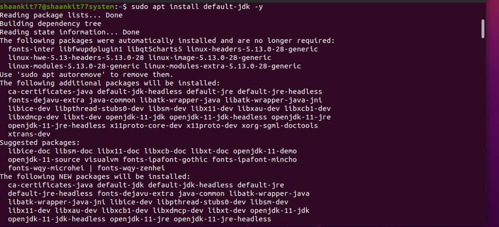 Terminal window of JDK installation process in Ubuntu