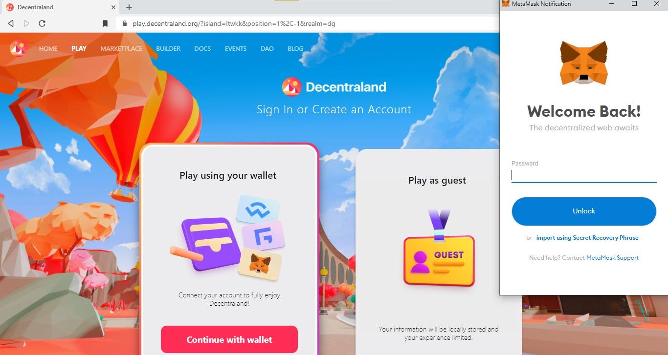 Linking a MetaMask Wallet to Decentraland platform
