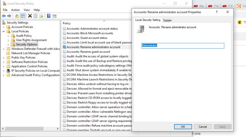 Local Security Policy Rename admin account properties