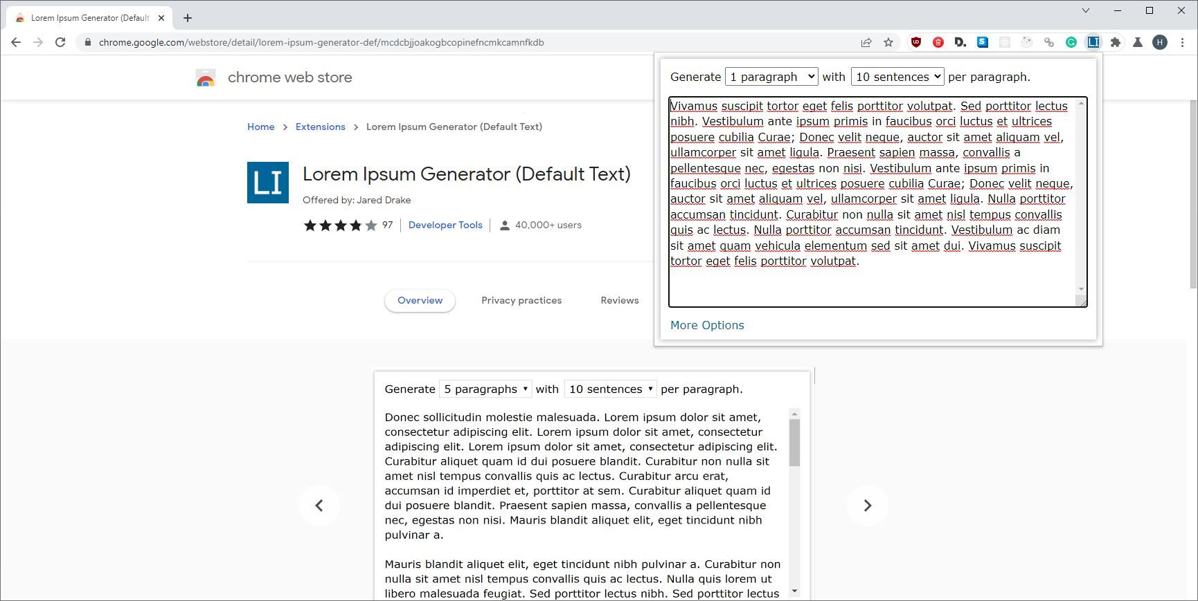 A Screenshot of the Lorem Ipsum Generator (Default Text) Extensions in Use