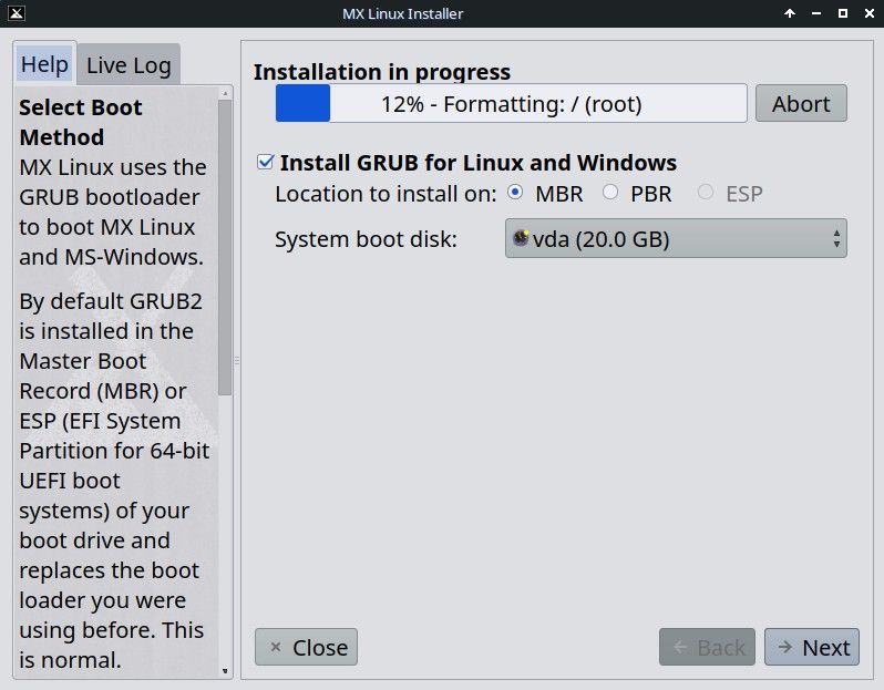 MX Linux Install Formatting Disk