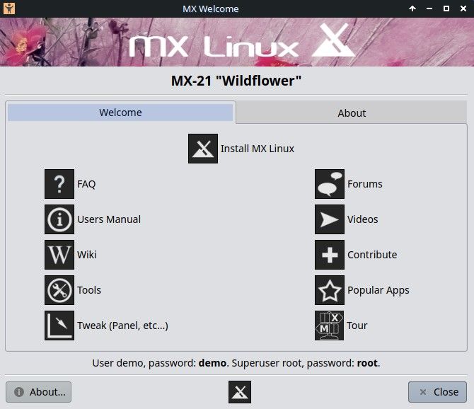 MX Linux Live Welcome Menu