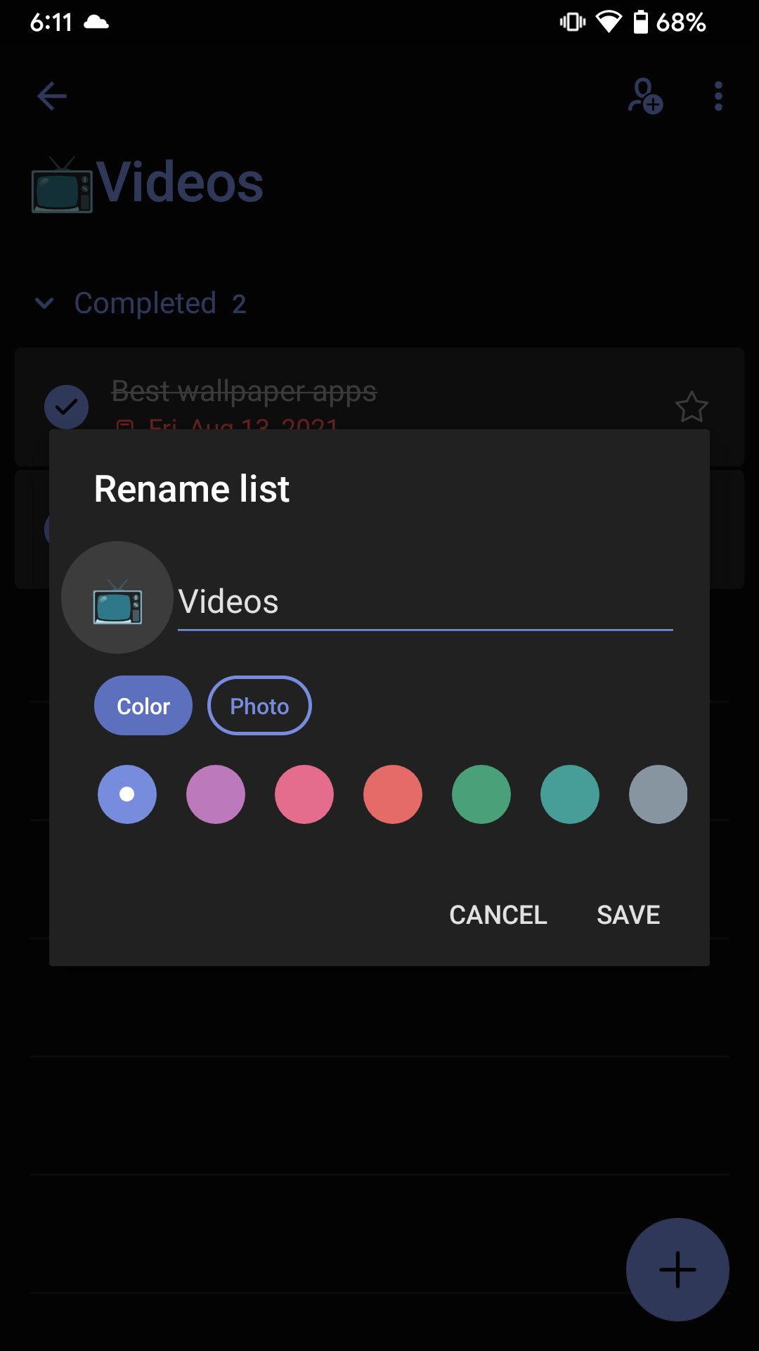 Color and icon options to create a new category 