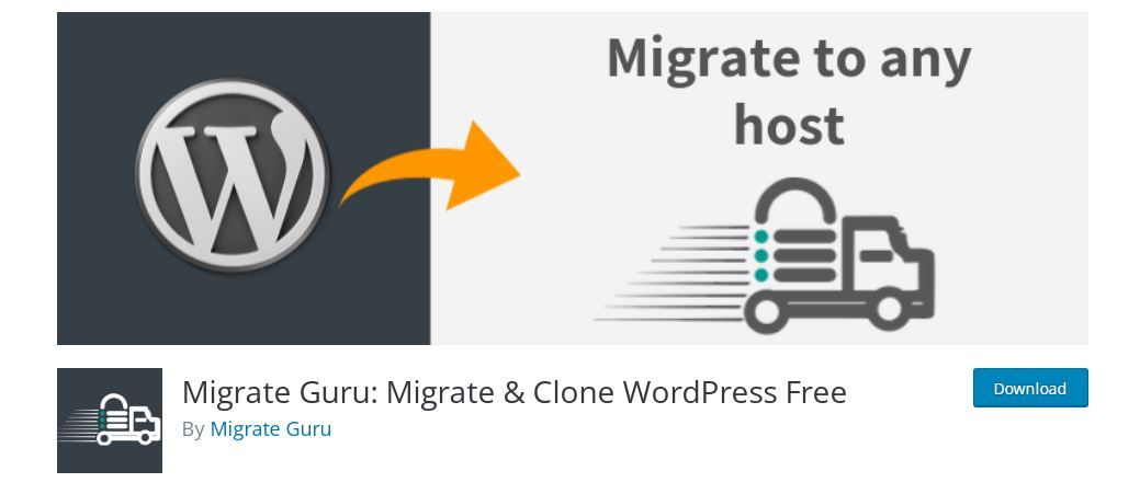 Screenshot of Migrate Guru landing page in WordPress plugin directory