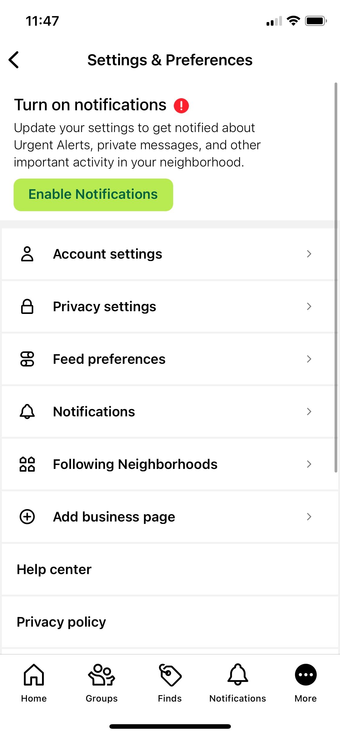 Next door app's notification page