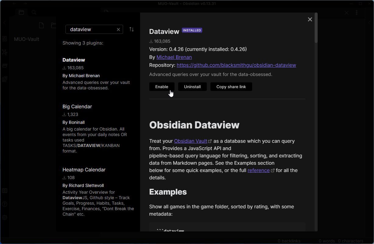 Obsidian Notes Database Install Dataview Plugin Enable
