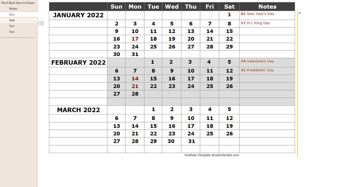 Templat kalender OneNote dari calendarlabs