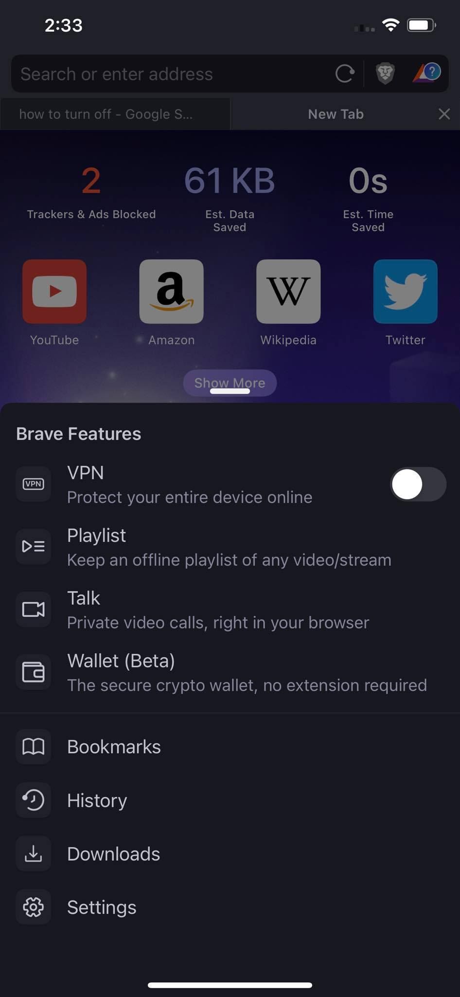 باز کردن تنظیمات در Brave برای iOS
