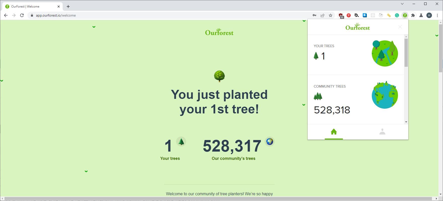 تصویری از برنامه افزودنی OurForest Chrome در حال استفاده