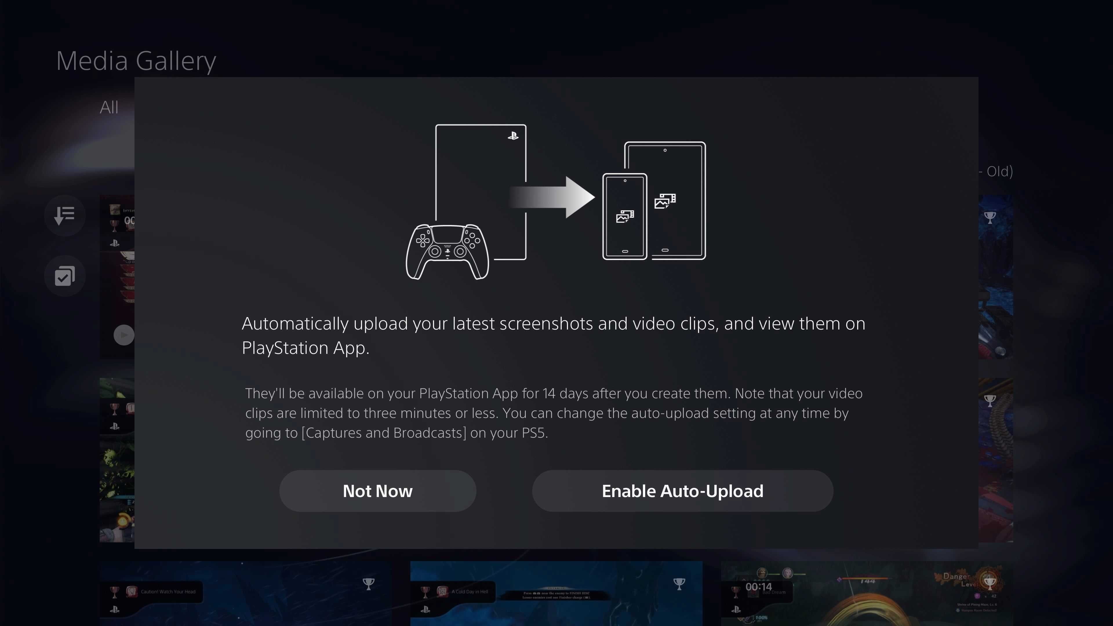 PS5 media library captures enable auto upload option screen