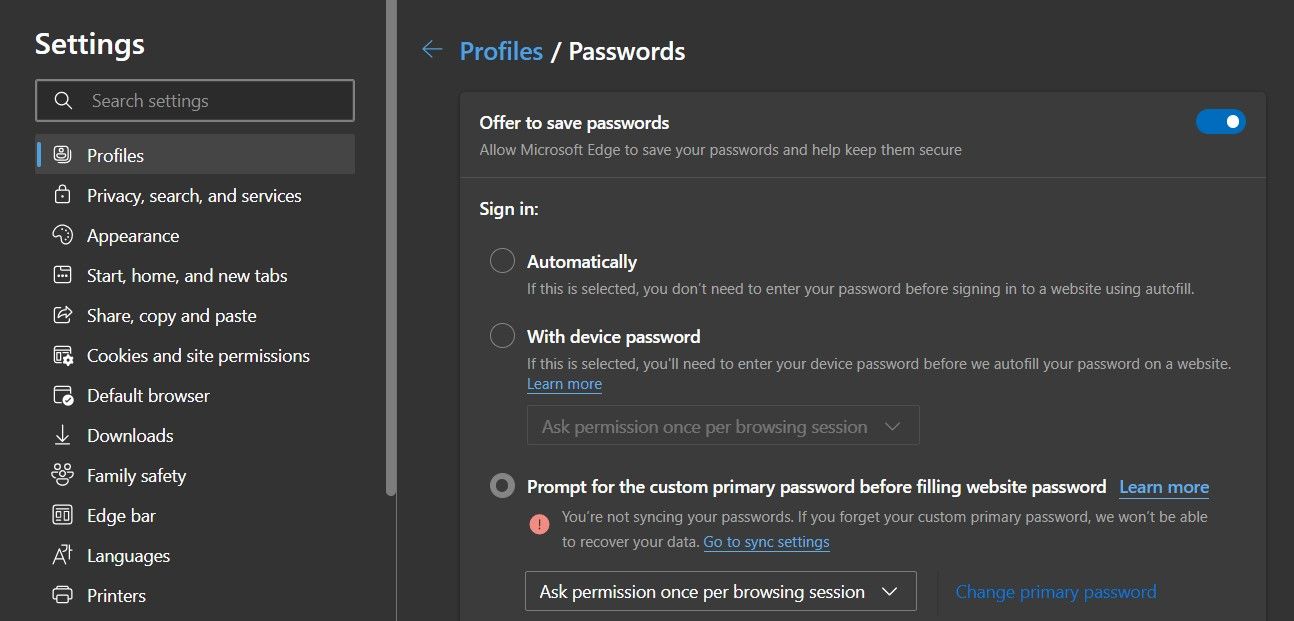 Passwords Settings in Profiles Section of Microsoft Edge Browser