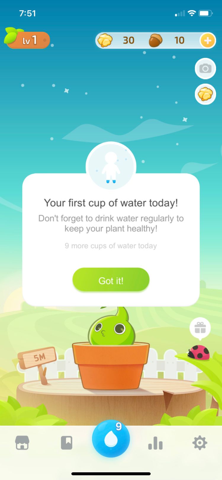 Plant Nanny app first cup of water screen