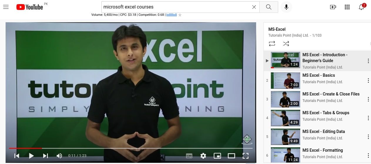 Playlist of a Microsoft Excel Course on YouTube
