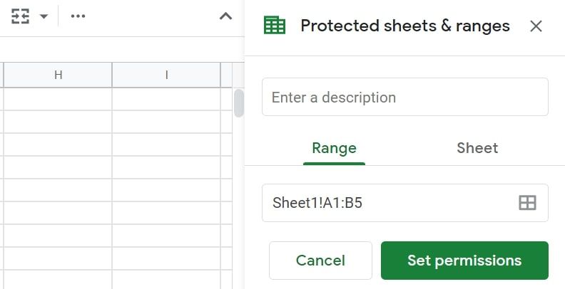 A screenshot showing the protected sheets and ranges menu