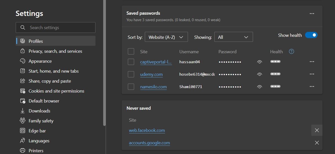 Removing Sites From Never Saved Passowrds List in Microsoft Edge Password Settings
