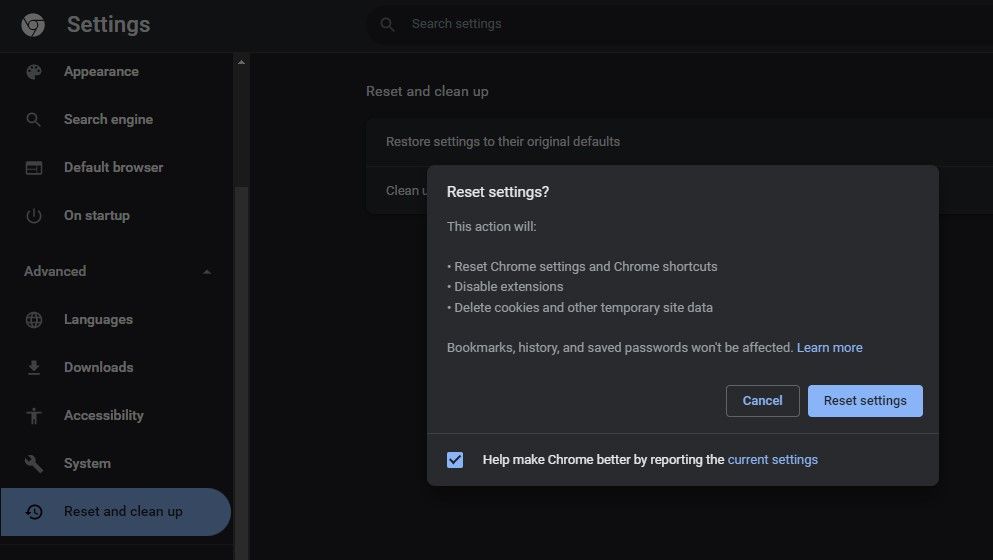 Resetting Chrome Browser in Chrome Settings