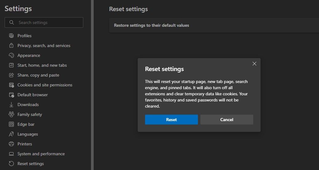 Resetting Microsoft Edge Browser in Reset Settings