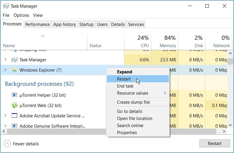 Restarting the Windows File Explorer