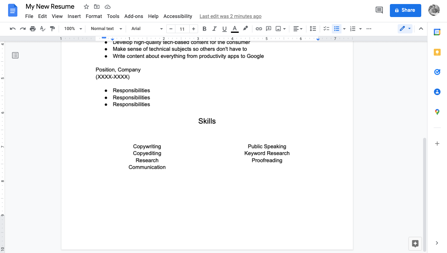 Image shows resume skills in Google Docs